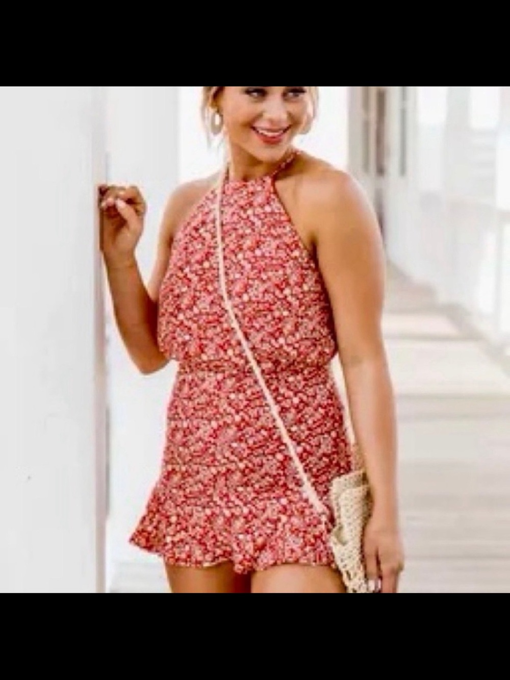 Pink Lily Red Floral Halter Romper